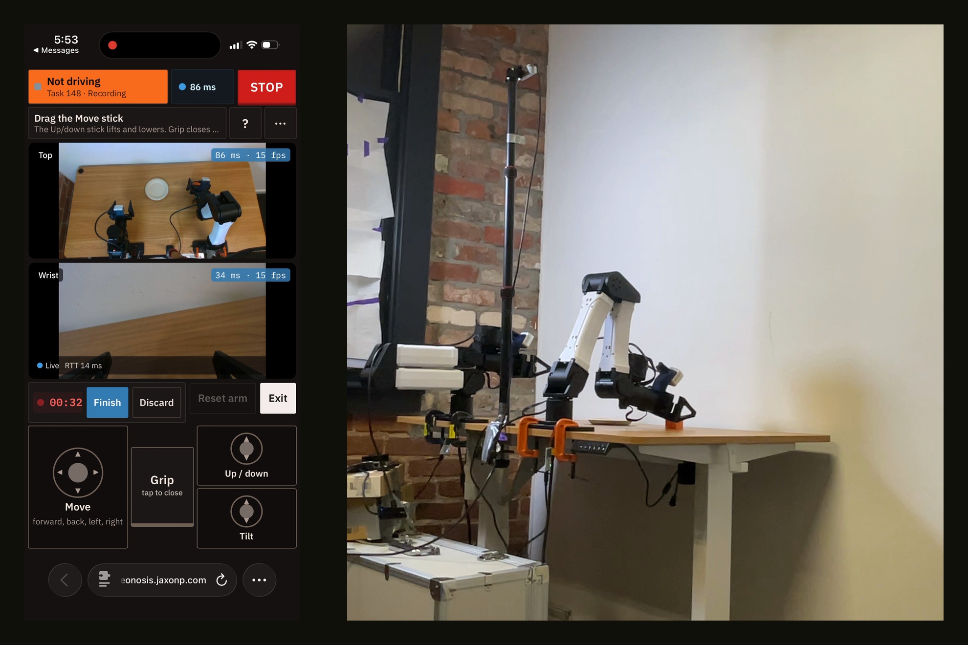 Side by side: a phone showing the teleop page with top and wrist camera feeds, a Move stick, Grip, Up/down and Tilt controls and a recording timer, and a photo of the real YAM arm it is driving