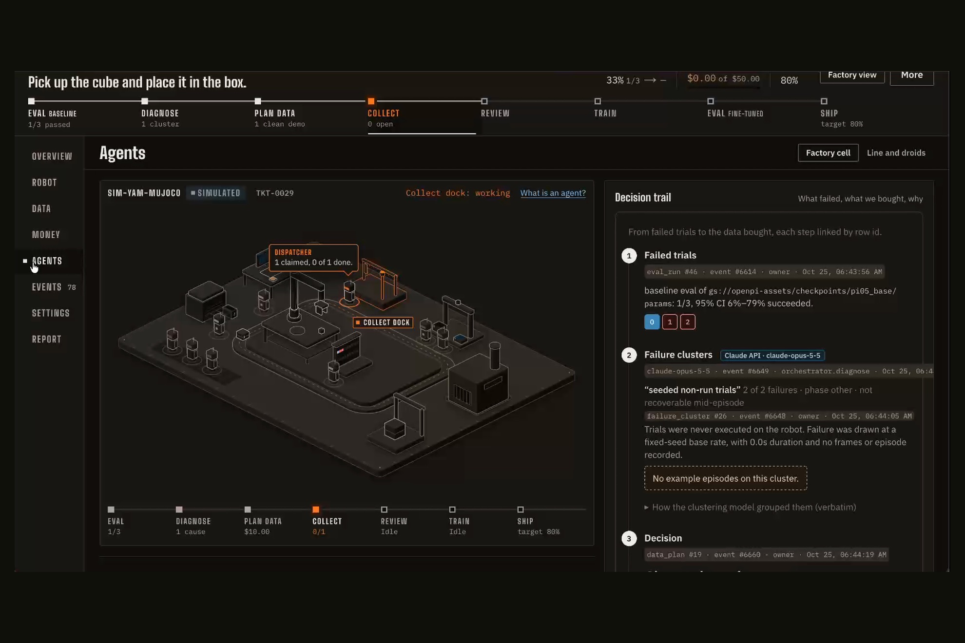 The Agents page for a simulated ticket: an isometric factory cell with the dispatcher at the collect dock, and a decision trail listing the failed trials, the failure cluster Claude found and the data plan, each with its event id